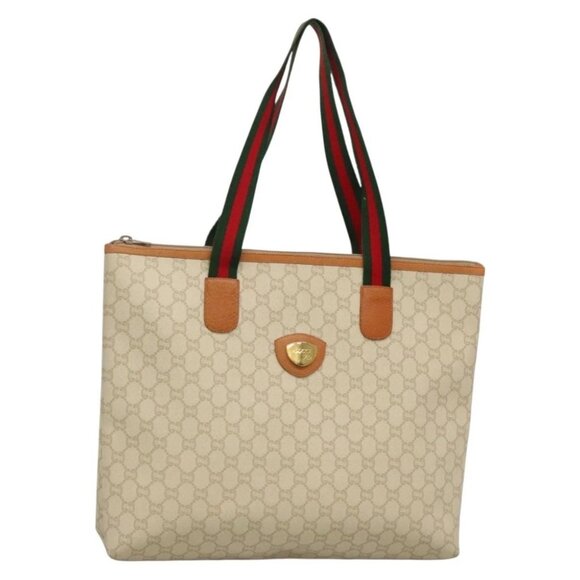 GUCCI GUCCI Plus Supreme Web Sherry Line Tote Bag PVC Cream Gold Auth gh487 - Picture 1 of 15